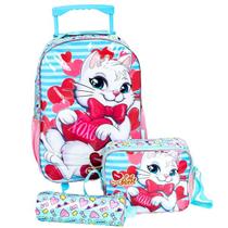 Kit Mochila Infantil Gatinha Escolar Meninas Rodinha Tam G Verde Lancheira Térmica Estojo