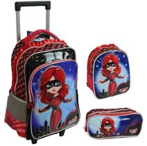 Kit Mochila Infantil Heroína Girl Fantástica G Rodinha 2 em 1 Lancheira Estojo - Vermelho