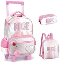 Kit Mochila Infantil Juvenil Nice Escolar Rodinhas Tam G Rosa Pompom Lancheira Estojo