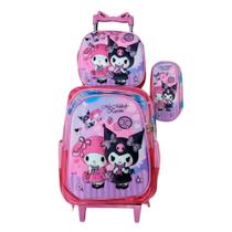 Kit Mochila Infantil Kuromi com Rodinhas em 3D + Lancheira Térmica + Estojo Escolar
