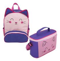 Kit Mochila Infantil Lancheira Dinossauro Verde ou Gato Unissex Escolar Resistente Volta às Aulas