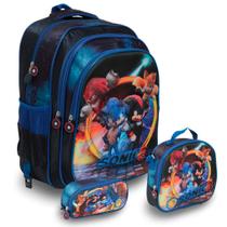 Kit Mochila Infantil Masculina Sonic 3 Pçs Escola Passeio