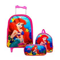 Kit Mochila Infantil Menina Ariel com Rodinhas + Lancheira Térmica + Estojo Escolar