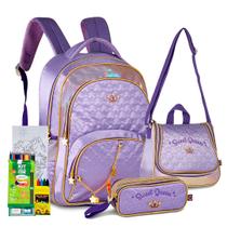 Kit Mochila Infantil Menina Clio Estojo Lancheira Brilhosa Sweet Queen Sereia Princesas