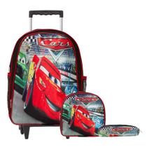 Kit Mochila Infantil Menino Carros Rodinha Lancheira Estojo