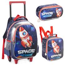 Kit Mochila Infantil Menino Rodinha Denlex Azul Foguete Reforçada