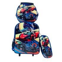 Kit mochila infantil meninos com rodinhas carros escolar estojo lancheira térmica bolsa carrinho impermeavel completa