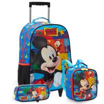 Kit Mochila Infantil Mickey Azul Rodinha Reforçada Grande