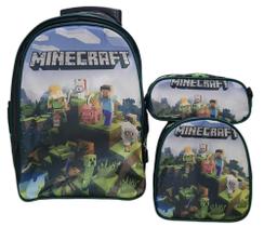 Kit Mochila Infantil Minecraft Rodinha, Lancheira Termica e Estojo