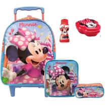 Kit Mochila Infantil Minnie Laço Tam G Rodinhas Escolar Lancheira Térmica Estojo Duplo