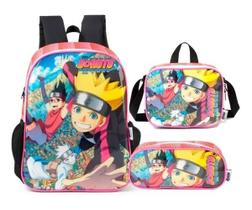 Kit Mochila Infantil Naruto Boruto Meninos Escolar Costas