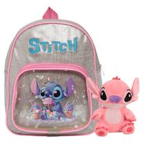 Kit Mochila Infantil Pequena Stitch Cor Prata + Pelúcia