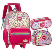 Kit Mochila Infantil Rodinha Happy Grande Lancheira Estojo