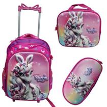 Kit Mochila Infantil Rodinhas Unicornio 3D fofo + lancheira + estojo Kit Mochila Infantil Rodinhas Unicornio 3D fofo + lancheira + estojo