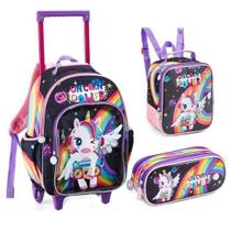 Kit mochila infantil rodinhas unicórnio power com lancheira e estojo preta