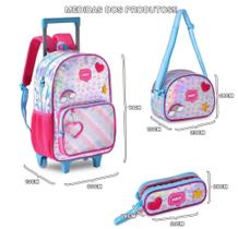 Kit Mochila Infantil Rosa Holográfica Rodinhas Menina Escolar Reforçada Resistente