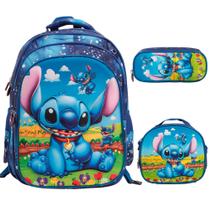 Kit Mochila Infantil Stitch Costas Lancheira Estojo Cor Azul