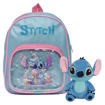 Kit Mochila Infantil Stitch Feminina Costas Com Pelúcia Azul
