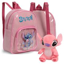 Kit Mochila Infantil Stitch Mini Bolsa Passeio + Pelúcia