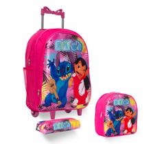 Kit Mochila Infantil Stitch Rodinhas Lancheira Estojo Rosa