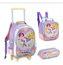 Kit Mochila Infantil Unicórnio Arco Iris Rodinhas G Meninas