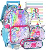 Kit Mochila Infantil Unicórnio Holográfica Rodinhas Menina Escolar Lindo Reforçada Resistente Clio