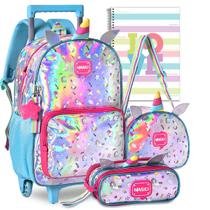 Kit Mochila Infantil Unicórnio Holográfica Rodinhas Menina Escolar Lindo Reforçada Resistente - Clio