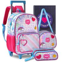 Kit Mochila Infantil Unicórnio Holográfica Rodinhas Menina Escolar Lindo Reforçada Resistente