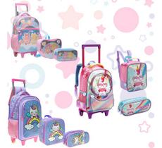 Kit Mochila Infantil Unicórnio Rodinhas Estojo Lancheira 3pç