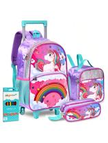 Kit Mochila Infantil Unicórnio Rodinhas Estojo Lancheira Meninas Escolar Lindo
