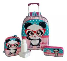 Kit Mochila Infantil Ursinho Panda Pandinha Rodinhas G F5 Kit Mochila Infantil Ursinho Panda Pandinha Rodinhas G F5