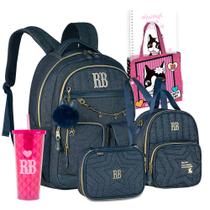 Kit Mochila Jeans Escola RB Chaveiro Pompom Estojo Lancheira