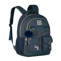 Kit Mochila Jeans Escola RB Chaveiro Pompom Estojo Lancheira
