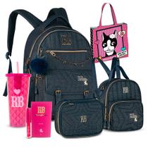 Kit Mochila Jeans Escola RB Chaveiro Pompom Estojo Lancheira