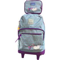 Kit Mochila Juvenil De Rodinhas Azul e Roxo Com Estojo - Luxcel