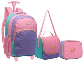 Kit Mochila Juvenil Estojo e Lancheira Rosa e Lilás - Yepp