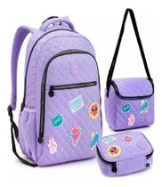 Kit Mochila Juvenil Luxo Teen Feminina Grande Patches