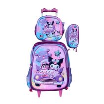 Kit Mochila Kuromi em 3D com Rodinhas + Lancheira Térmica + Estojo Escolar em Alto Relevo