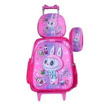 Kit Mochila Labubu em 3D com Rodinhas Feminina + Lancheira Térmica + Estojo Escolar Infantil