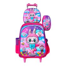 Kit Mochila Labubu Infantil com Rodinhas + Lancheira Térmica + Estojo Escolar