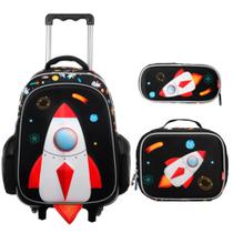 Kit mochila lancheira e estojo escolar foguete 3d preto