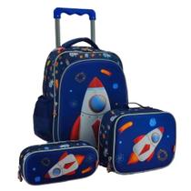 Kit mochila lancheira e estojo escolar foguete 3d