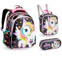 Kit Mochila Lancheira E Estojo Escolar Infantil Unicórnio