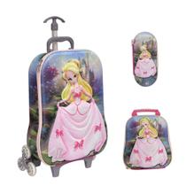 Kit Mochila Lancheira Estojo 3d Com 3 Rodinhas Princesa