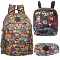 Kit Mochila Lancheira Estojo + 4 Cadernos Brochurão SEMN PAUTA Liga da Jutiça Infantil Meninos