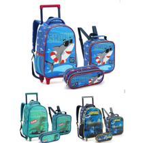 Kit mochila lancheira estojo dino tubarão batman rodinha menino