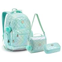 Kit Mochila+ Lancheira+Estojo Escolar Juvenil Metalizado