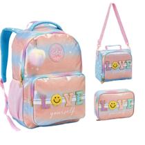 Kit Mochila Lancheira Estojo Escolar Juvenil Patches Feminina