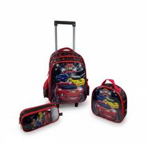 Kit Mochila Lancheira Estojo Escolar Menino e Menina Infantil Juvenil Rodinha Alça Reforçada Costas Speed Car