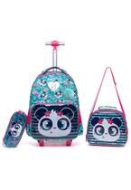 Kit Mochila Lancheira Estojo Feminino Fashion Infantil Cor Azul E Rosa Desenho Do Tecido Panda